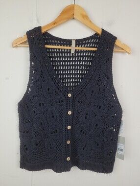 Bloom Girl Large Black Crochet Knit Button Front Vest NWT